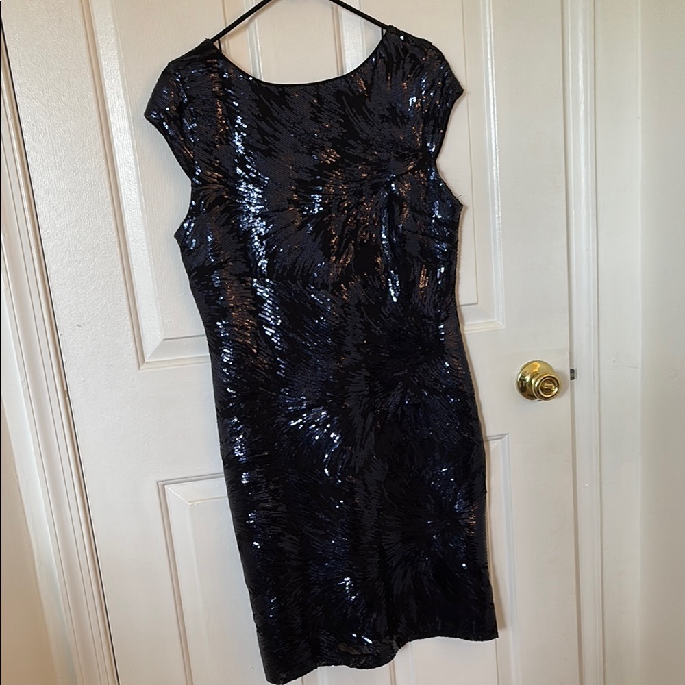SLNY Navy Blue Sequin Cap Sleeve Mini Dress